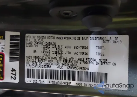 2019 Toyota Tacoma Trd Off Road from USA, damaged, VIN 3TMCZ5AN1KM253550